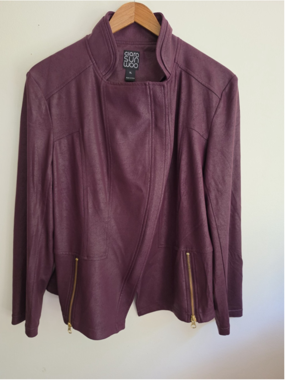 Clara Sunwoo Liquid Leather Signature Jacket Merlot Purple XL Asymmetric Moto